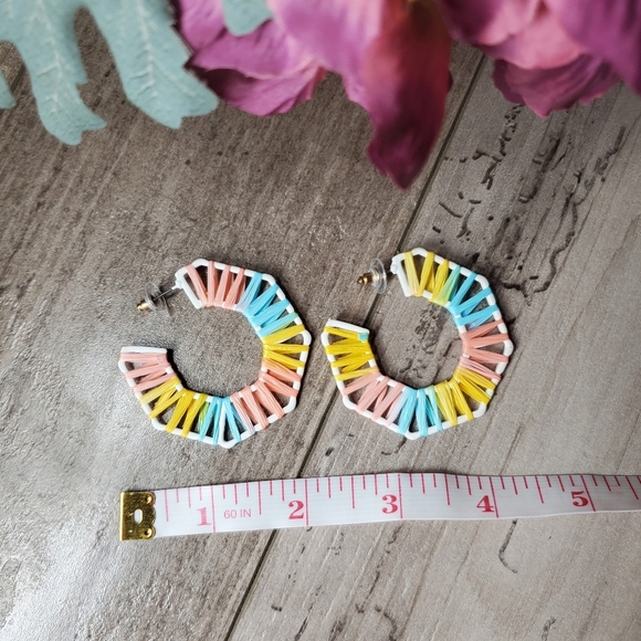 NWT Pastel Octogonal Raffia Open Hoop Earrings Purple Blue Green Orange Yellow - Picture 5 of 11